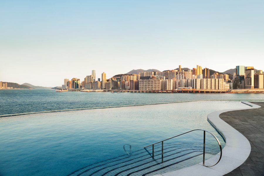 Kerry Hotel infinity pool with view of Victoria Harbour
